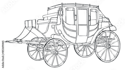 A vintage horse-drawn carriage in detailed outline vector style, perfect for historical illustrations and design projects