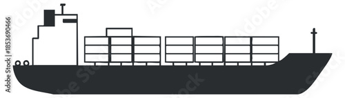 A cargo ship silhouette with containers in black and white vector style, suitable for logistics and shipping industry designs