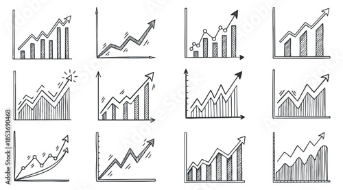 A collection of hand-drawn graph illustrations in black and white vector style, ideal for business analytics and presentations