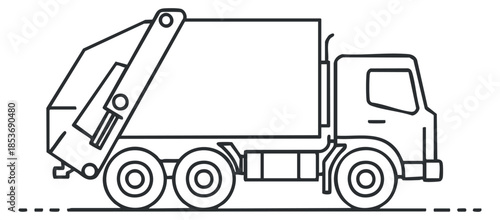 A garbage truck in minimalist outline vector style, suitable for urban service and waste management projects