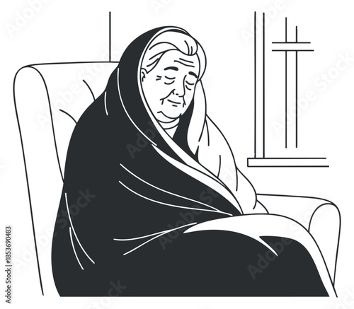 An elderly woman sitting in a chair wrapped in a blanket in minimalist black and white outline vector style, suitable for themes of comfort and care