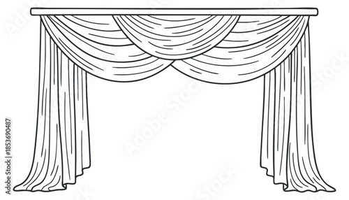 A decorative curtain with draped fabric in minimalist outline vector style, suitable for event design and theater backgrounds