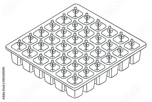 A seedling tray with multiple planting cells in minimalist black and white vector style, ideal for gardening and horticulture projects