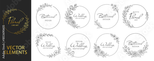 Floral wreath frames and circular botanical borders, elegant hand drawn line art flowers and leaves, decorative wedding invitation design set on transparent background