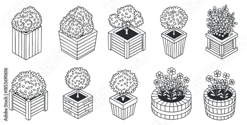 A collection of various flower pots filled with different plants in clean black and white outline vector style, ideal for gardening themes and home decor designs