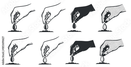 A collection of hands planting seeds in soil in black and white minimalist vector style, suitable for gardening and agricultural themes