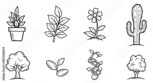 A collection of botanical illustrations featuring various plants, leaves, flowers, and cacti in black outline vector style, suitable for gardening and nature-themed projects
