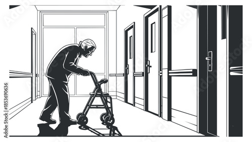 An elderly person using a walker in a hospital corridor depicted in black and white vector style, suitable for healthcare and wellness themes