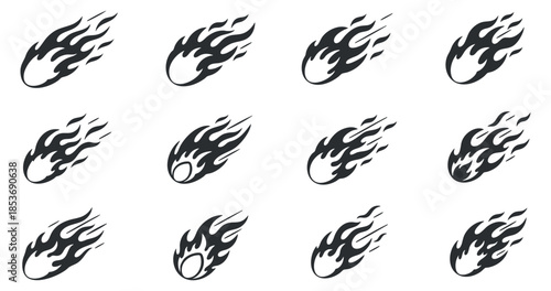 A set of stylized flame icons and fireballs in black vector style, perfect for logo design and creative projects