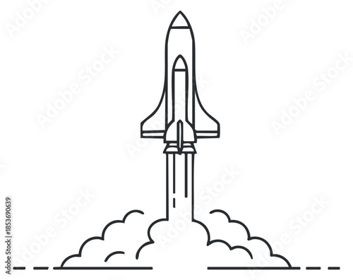 A rocket launching with smoke and flames in minimalist line art vector style, perfect for technology and innovation themes