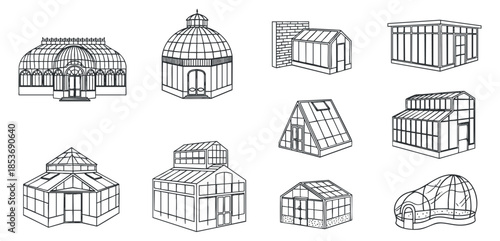 A collection of various greenhouse designs in outline vector style, ideal for gardening and architectural projects