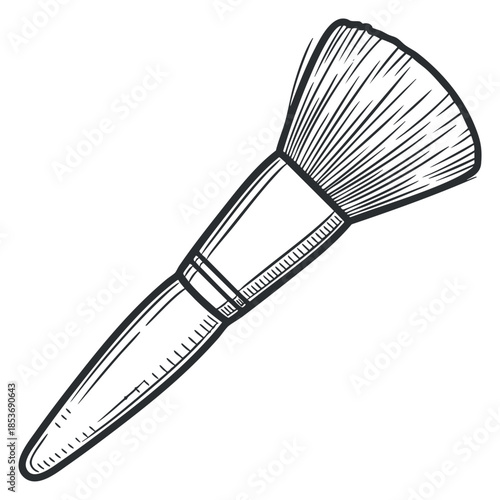 A detailed illustration of a makeup brush in black and white outline vector style, suitable for beauty and cosmetics branding