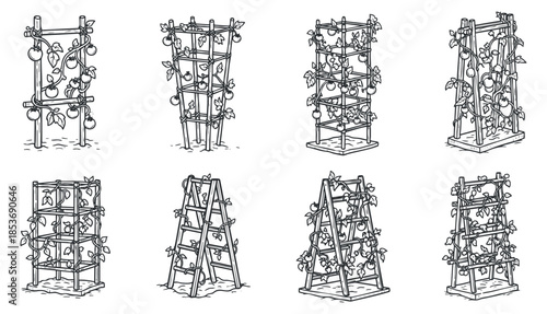 A collection of vertical garden structures with climbing plants in outline style, perfect for modern gardening projects