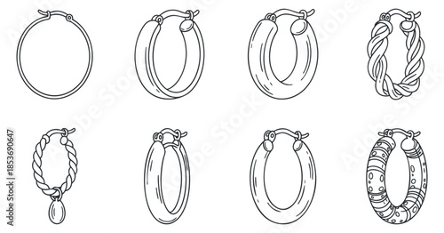 A collection of eight different hoop earrings in outline vector style, perfect for fashion design and jewelry branding
