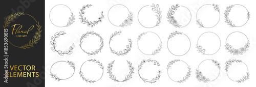 Floral wreath logo set, botanical frames and wedding invitation elements, elegant rustic hand drawn line art vector collection on transparent background
