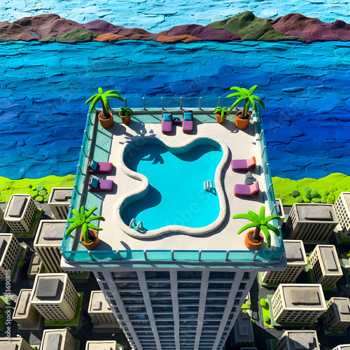A terrace on a skyscraper with a swimming pool offering a beautiful view of the surrounding city by the sea