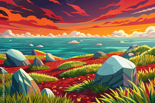 grassy coastal meadow stretches toward the sea, blending open plant fields with ocean horizons and soft shoreline transitions