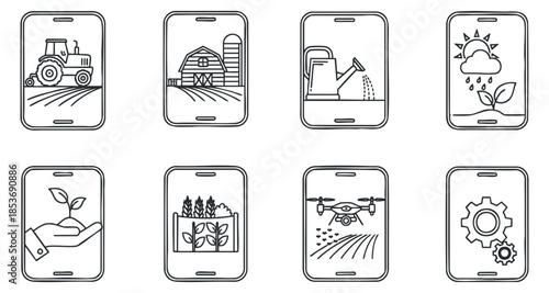 A collection of farming and agriculture icons displayed on smartphone screens in minimalist outline vector style, suitable for agritech applications and digital farming solutions
