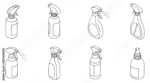 A set of cleaning spray bottles in outline vector style, suitable for cleaning product branding and packaging design