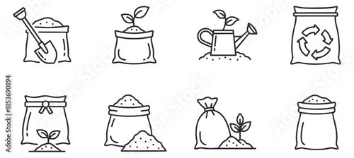 A collection of gardening tools and elements including a shovel, watering can, soil, seedlings, and recycle bags in minimal line art style, ideal for eco-friendly gardening projects.
