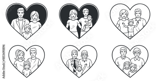 A collection of heart-shaped icons featuring families of different configurations in black and white outline vector style, ideal for family-themed projects and designs