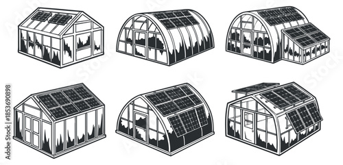 A collection of six solar-powered greenhouses in black and white minimalist vector style, ideal for sustainable gardening and agricultural projects