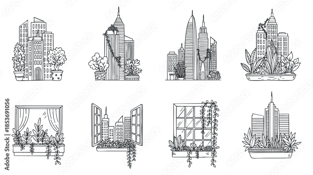 Fototapeta premium A collection of urban buildings and window designs with plants in black and white line art style, perfect for home decor and gardening themes