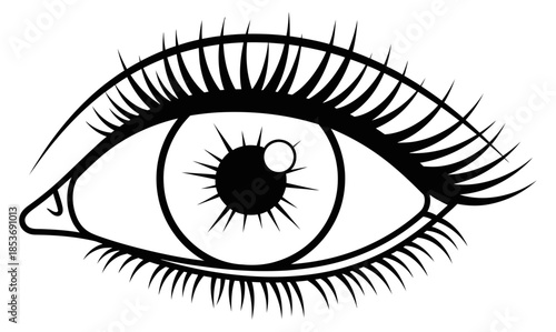 A detailed illustration of an eye with long eyelashes and a prominent pupil, viewed from the front