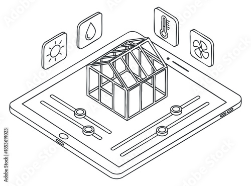 A digital tablet displaying a 3D greenhouse model with interactive sliders and environmental icons in minimalist outline vector style, ideal for smart agriculture applications