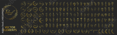 Golden floral wreaths and botanical elements collection, elegant line art flowers and circular frames, luxury decorative wedding invitation design set on transparent background