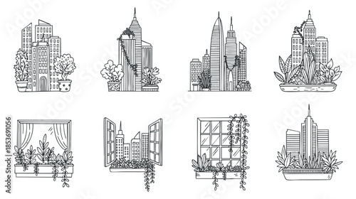 A collection of urban buildings and window designs with plants in black and white line art style, perfect for home decor and gardening themes