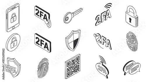 A collection of 2FA icons including locks, keys, fingerprints, and QR codes in a modern minimalist vector style, ideal for digital security applications