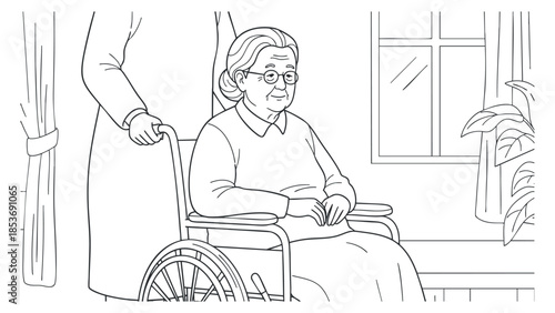 An elderly woman in a wheelchair being assisted by a caregiver in a simple black and white vector style, ideal for healthcare and support themes