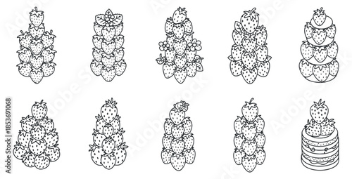 A collection of strawberry illustrations in black and white outline vector style, ideal for food-related design projects