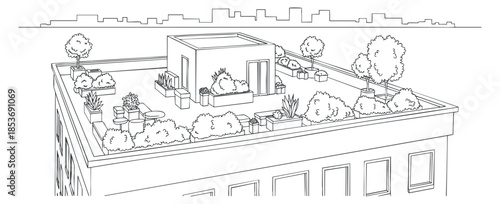 A rooftop garden with various plants and structures in minimalist outline vector style, suitable for urban landscaping and architecture projects