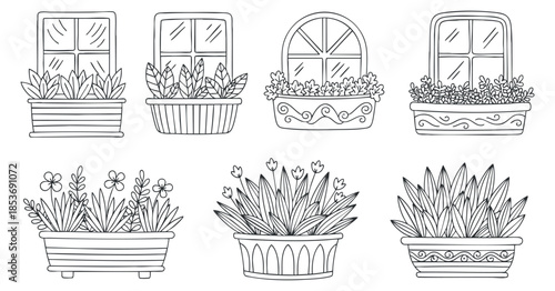 A collection of outlined flower pots with plants and windows in minimalist vector style, ideal for home decor projects