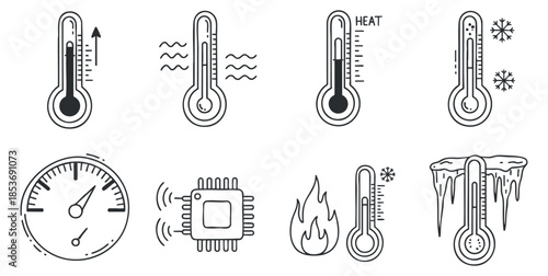 A collection of thermometers and temperature indicators in minimalist outline vector style, suitable for scientific and educational projects