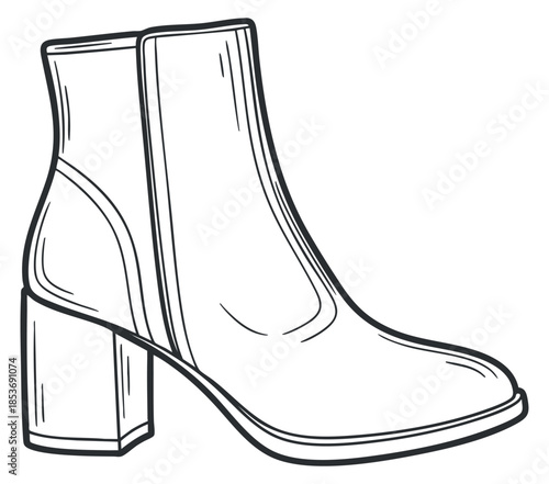A stylish high heel boot with a chunky heel in black and white outline vector style, perfect for fashion design and apparel branding