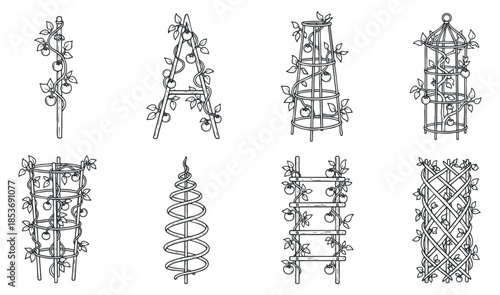A collection of various garden trellis designs in black outline vector style, suitable for gardening projects and landscaping designs