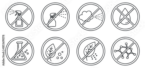 A set of prohibition icons featuring cleaning sprays, chemicals, and nature elements in black and white vector style, suitable for environmental safety awareness