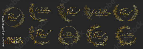 Elegant floral wreath vector set, botanical line art frames for wedding invitations logos and branding, decorative circular floral designs in gold style on transparent background