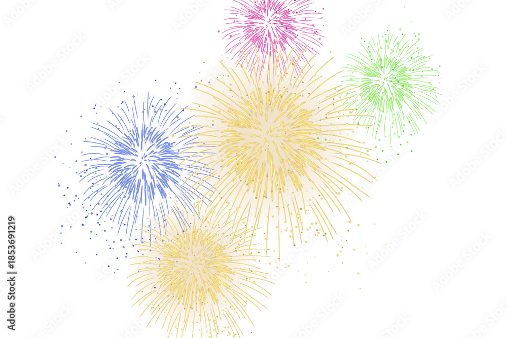 Fototapeta premium Golden glowing PNG fireworks burst across a deep black sky, sparkling trails and glowing orbs, New year, wedding, holiday celebration atmosphere with warm light and dynamic motion.
