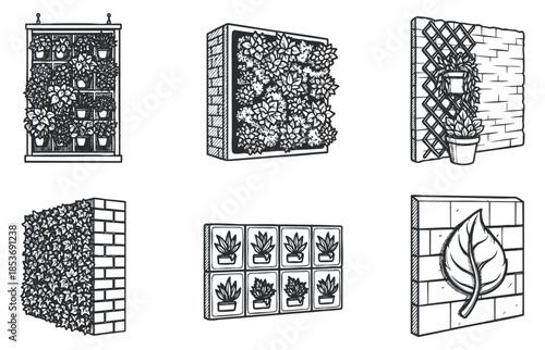 A collection of vertical garden illustrations featuring various plant arrangements in outline vector style, suitable for gardening and home decor projects