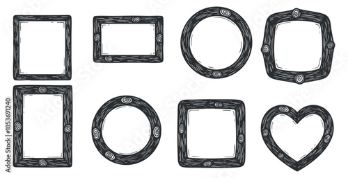 A collection of various decorative picture frames in black and white outline vector style, ideal for artwork and photo displays