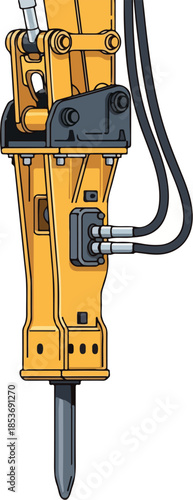 Illustration of Yellow Hydraulic Breaker Attachment for Excavator on White Background