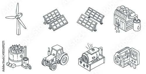 A collection of renewable energy icons including wind turbine, solar panels, tractor, and generator in minimalist line art style, ideal for environmental projects and educational materials