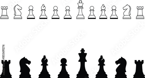 Black and White Chess Piece Silhouette Icons Set, Strategy Game King Queen Knight Bishop Rook Pawn Vector Elements for Competition Design.