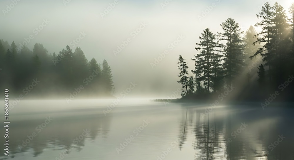 Fototapeta premium Misty Forest Lake with Trees Reflection.