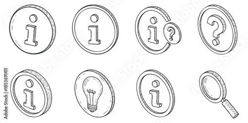 A set of various information icons including question marks, lightbulbs, and magnifying glasses in outline vector style, ideal for educational and informational designs