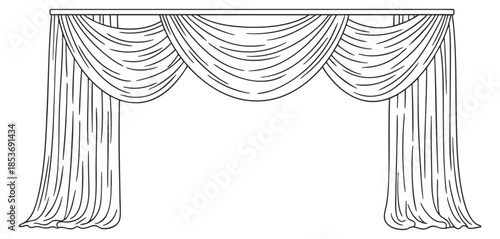 An elegant stage curtain with draped fabric in a black and white minimalist vector style, ideal for theater and event design